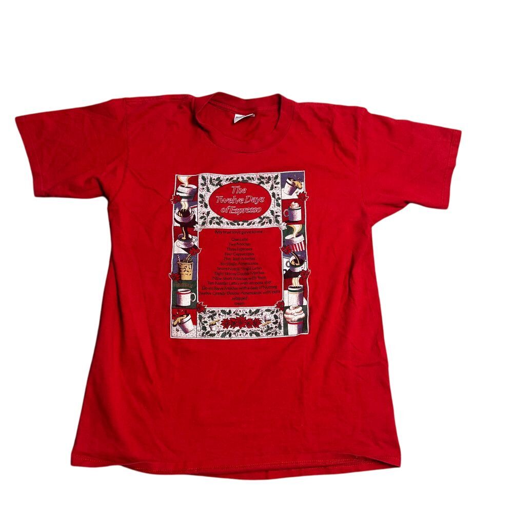 90s The Twelve Days Of Espresso Size L 42 44 Red Christmas T Shirt Made In USA